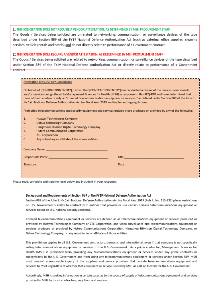 NDAA Section 889 Vendor Attestation Guide | PDF