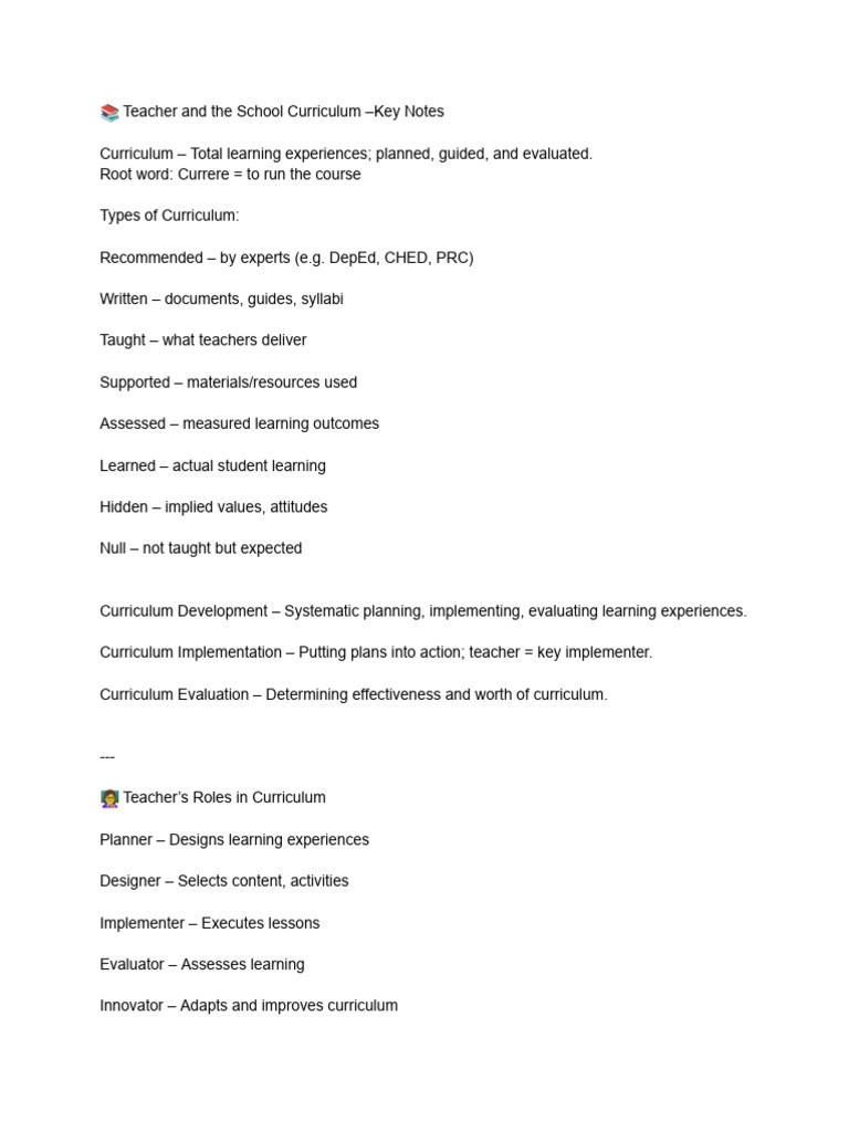 ? Teacher and The School Curriculum - Key Notes | PDF