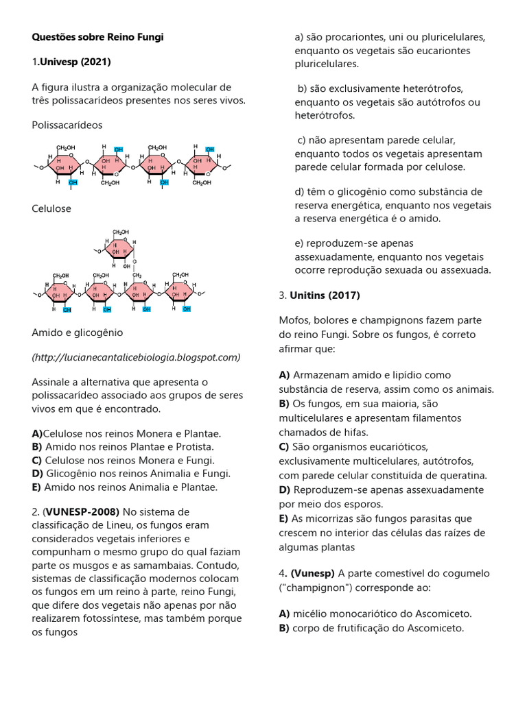 Questões sobre o Reino Fungi e Polissacarídeos | PDF | Plantas | Fungo