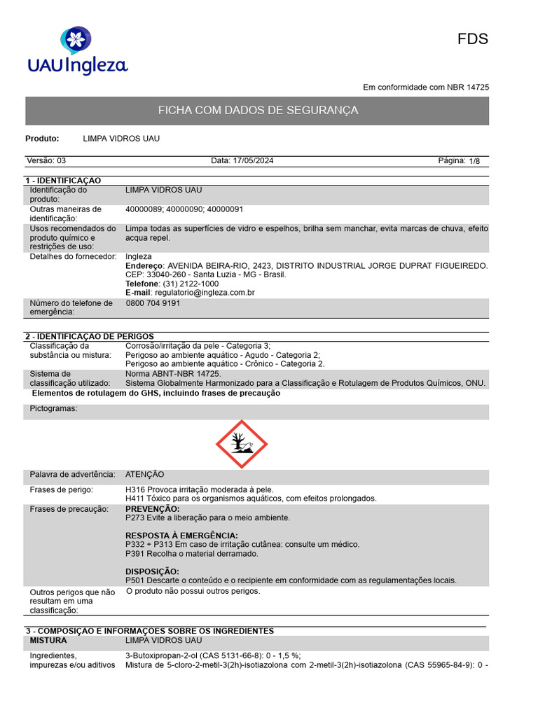 Ficha de Segurança Limpa Vidros UAU | PDF | Química