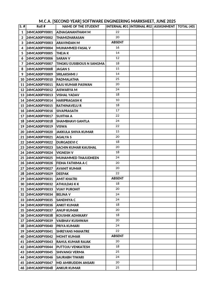 2nd MCA SwEngg MarkSheet 2025 | PDF