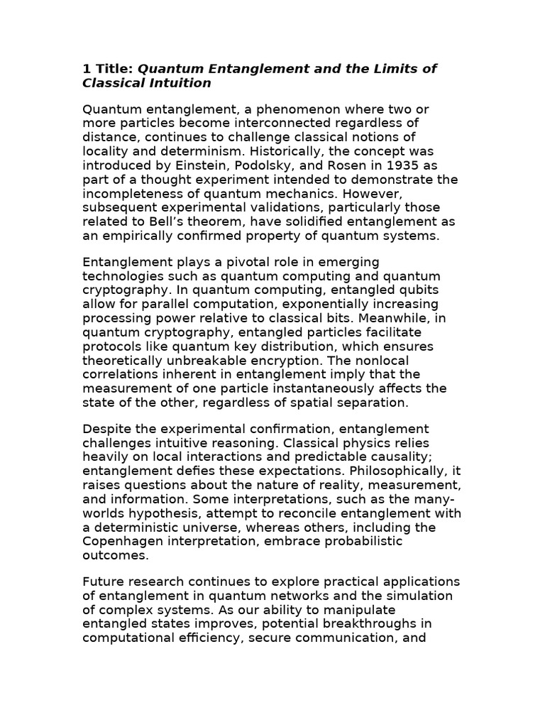 Quantum Entanglement and The Limits of Classical Intuition | PDF
