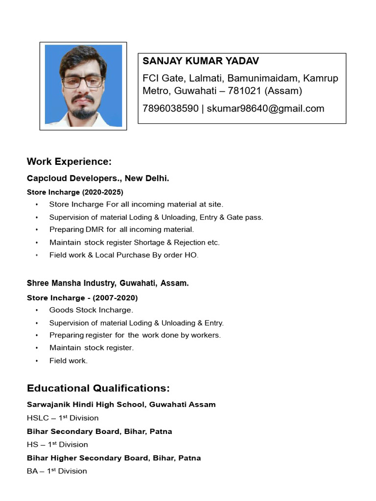 Store Incharge Resume of Sanjay Yadav | PDF