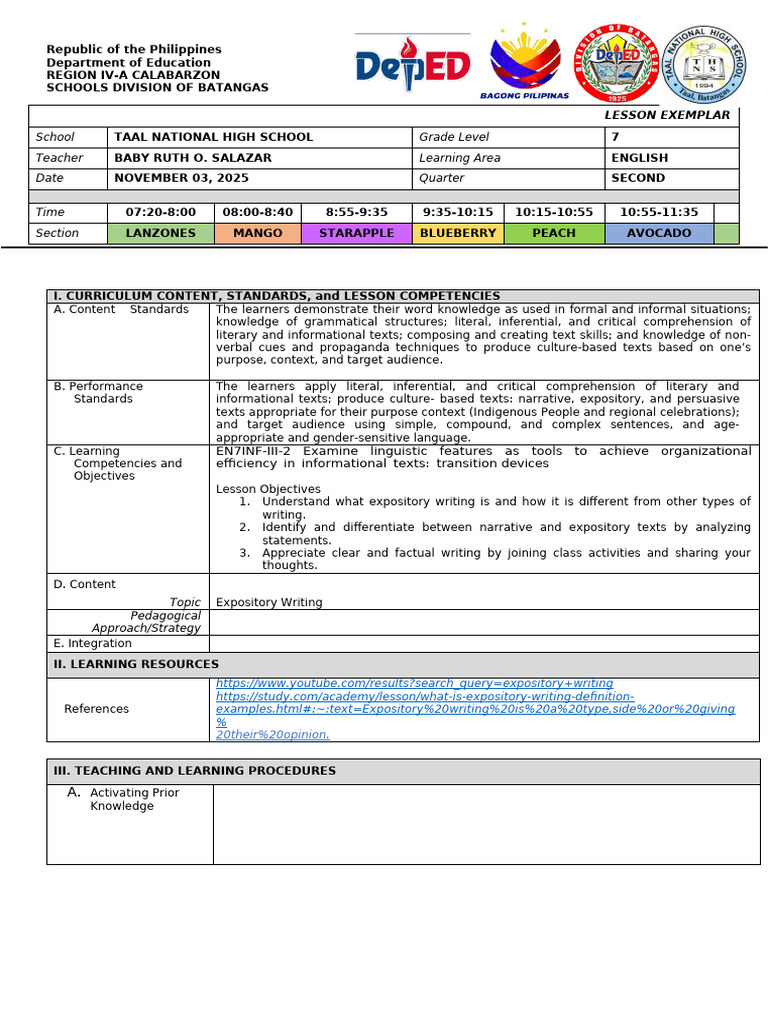 Grade 7 Expository Writing Lesson Plan | PDF | Learning | Cognition