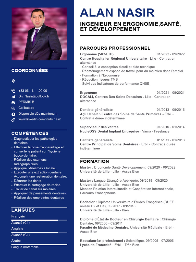 CV d'Ingénieur en Ergonomie et Santé | PDF | Dentiste | Dentisterie