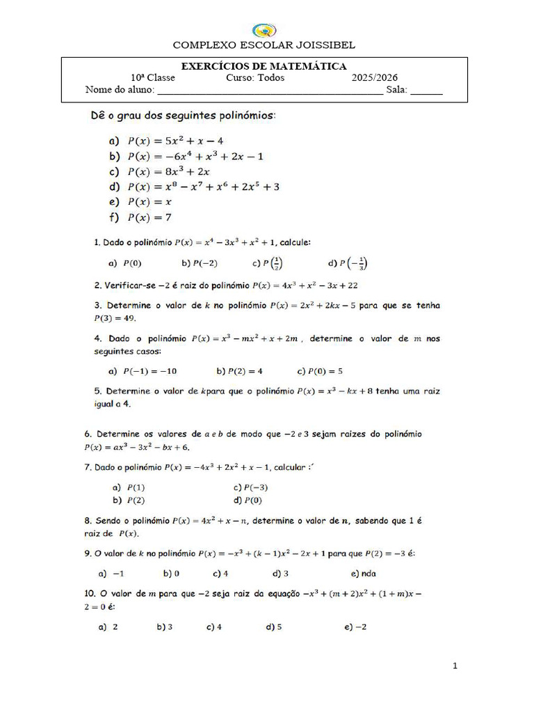 Exercícios de Polinômios e Equações | PDF | Números | Matemática elementar