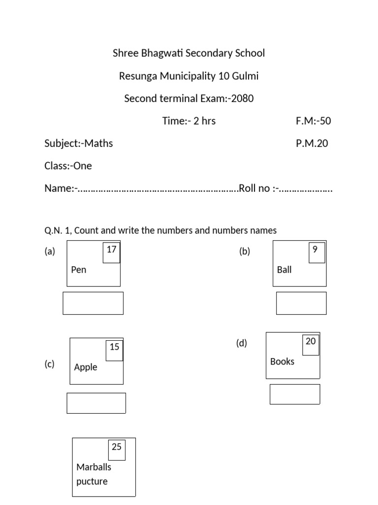 Class One Maths Exam Paper 2080 | PDF