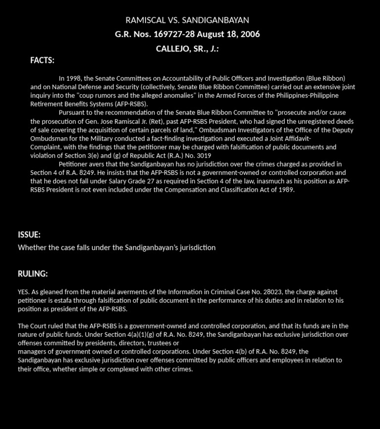 Sandiganbayan Jurisdiction in AFP-RSBS Case | PDF