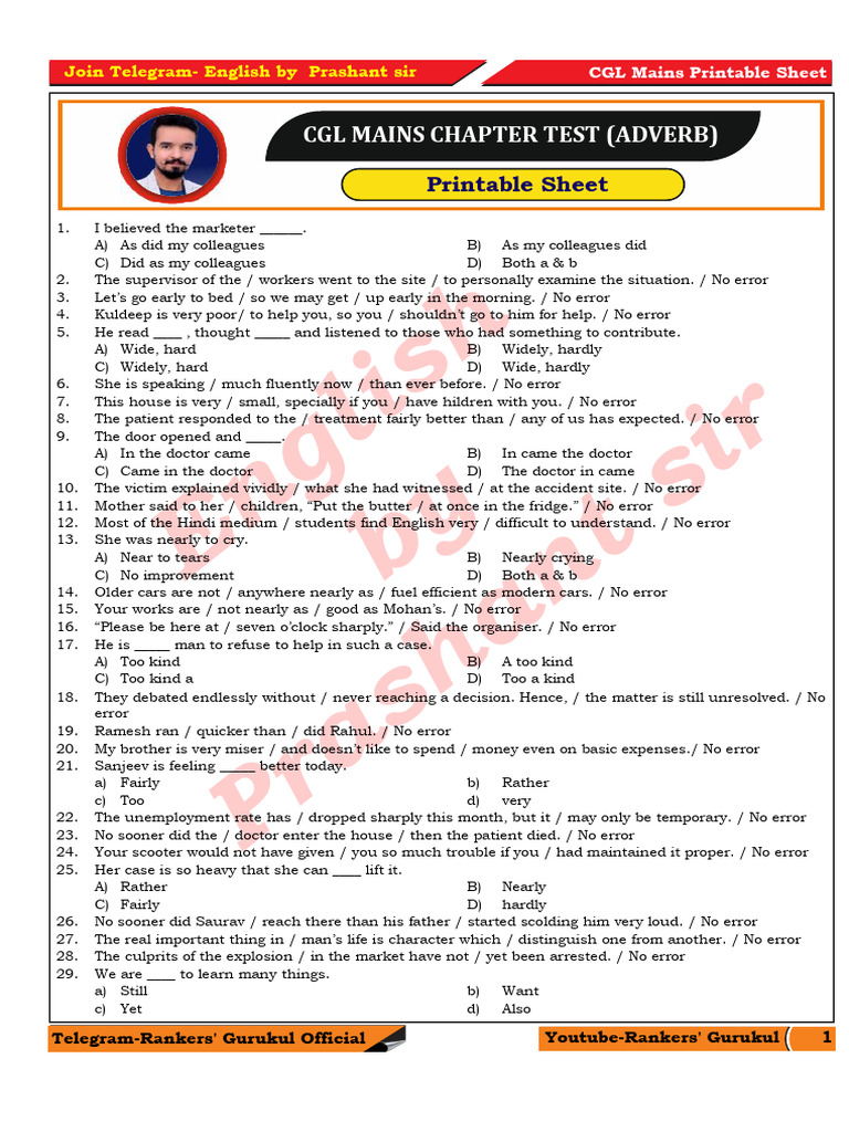 Adverb (Chapter Test) | PDF