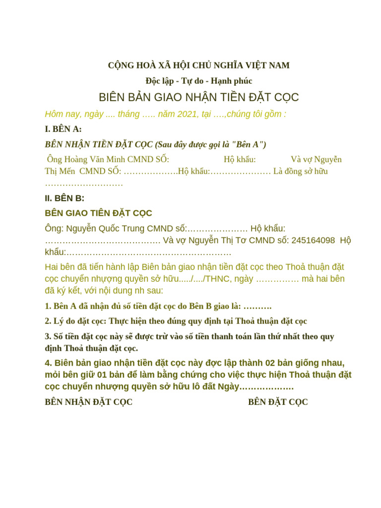 BB Ban Giao Tien Dat Coc | PDF