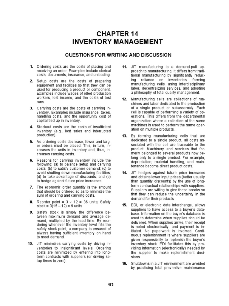 Solution Manual Managerial Accounting Hansen Mowen 8th Editions Ch 14 Inventory Supply Chain Management