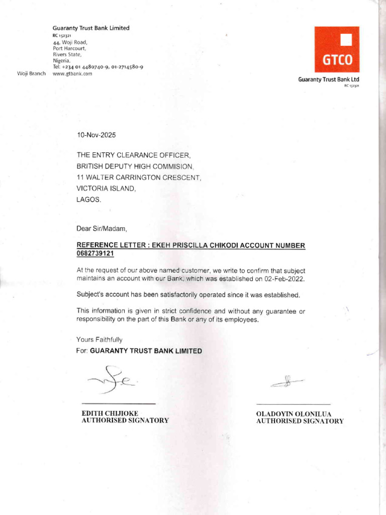 Guaranty Trust Bank Reference Letter | PDF