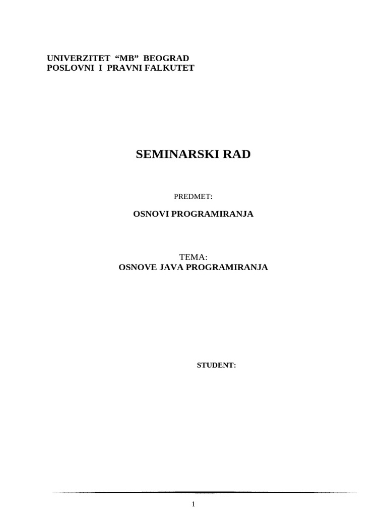 Osnove Java Programiranja SEMINARSKI RAD-DAKI | PDF
