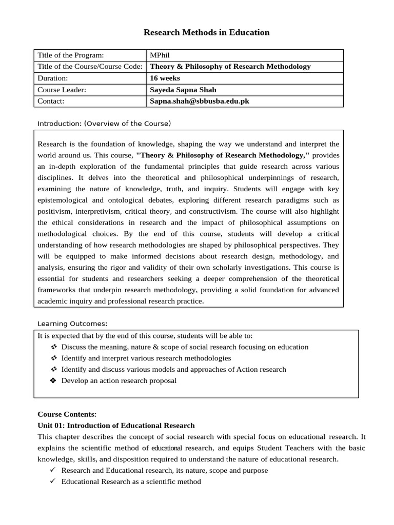 Research Methodology in Education Course | PDF | Methodology | Theory