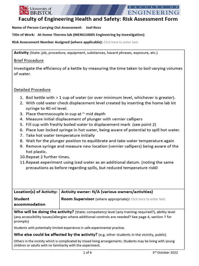 At-Home Thermo Lab Risk Assessment | PDF | Risk Assessment | Risk