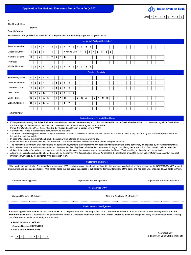 NEFT Application Form Template | PDF | Personal Finance | Money