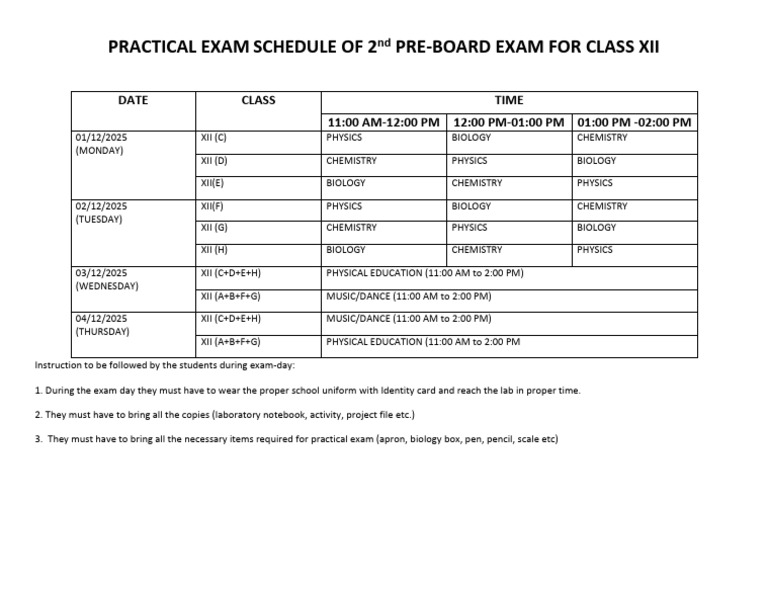 Class XII 2nd Pre-Board Exam Schedule | PDF