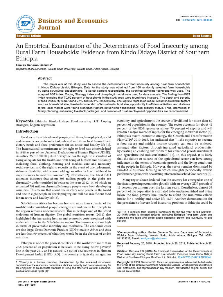 Food Insecurity in Rural Ethiopia: Study Findings | PDF | Food Security ...