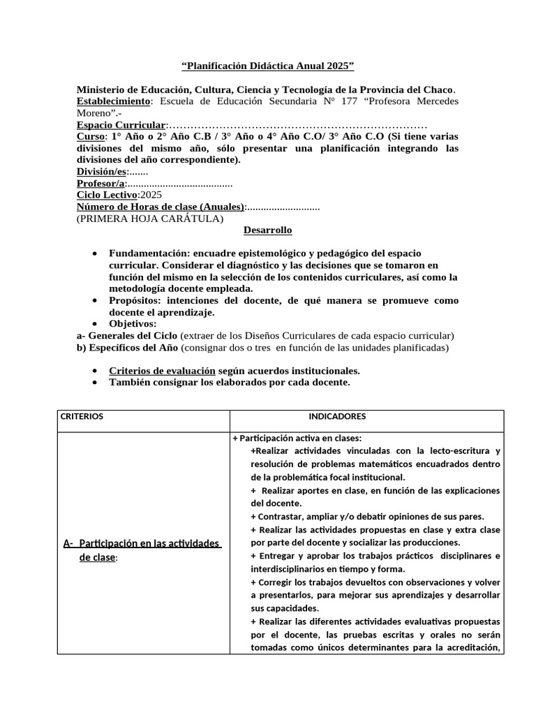 Planificación Didáctica 2025 Chaco | PDF | Plan de estudios | Evaluación