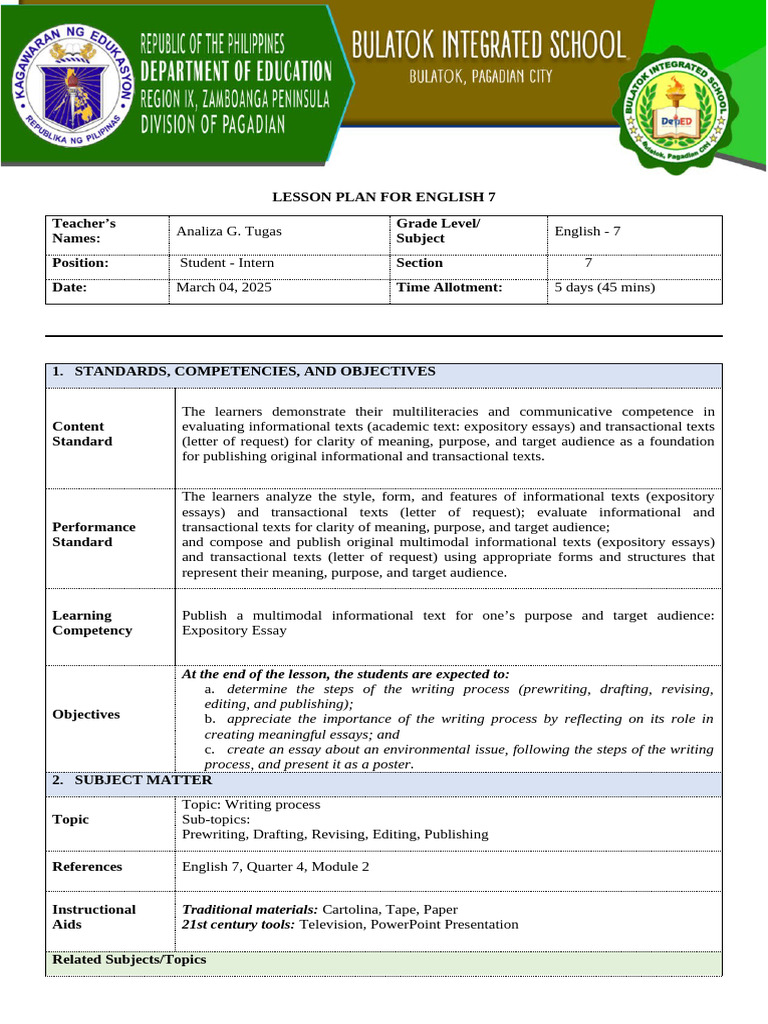 English 7 Writing Process Lesson Plan | PDF | Essays | Human Communication