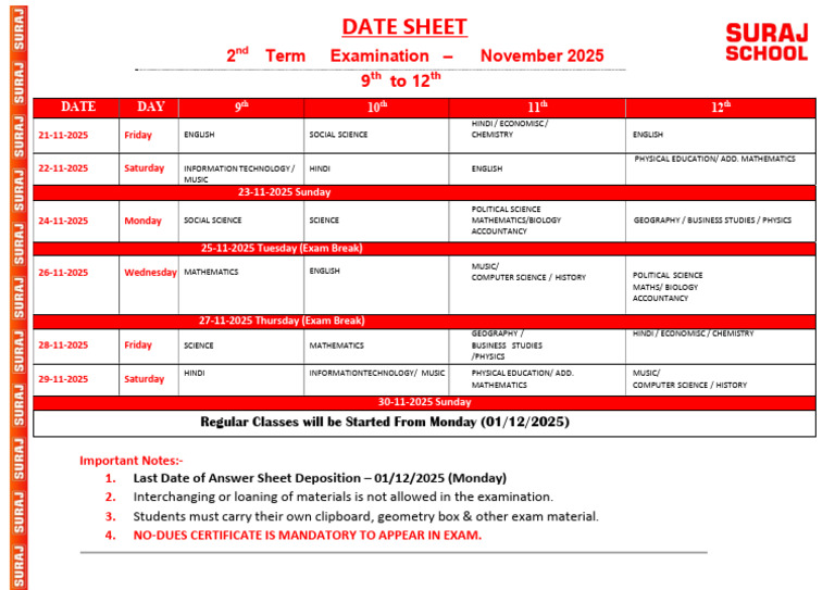 Datesheet (9th To 12th) Term 2 - Nov. 2025 | PDF