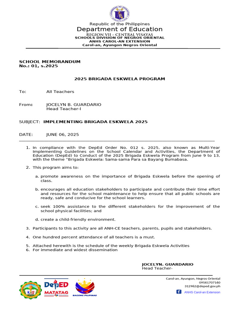 Brigada Eskwela 2025 Implementation Guide | PDF