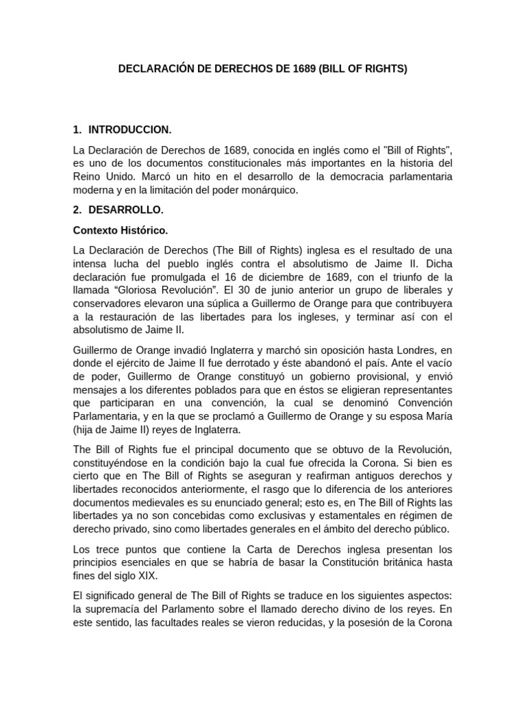 Importancia de la Declaración de Derechos 1689 | PDF | Constitución ...