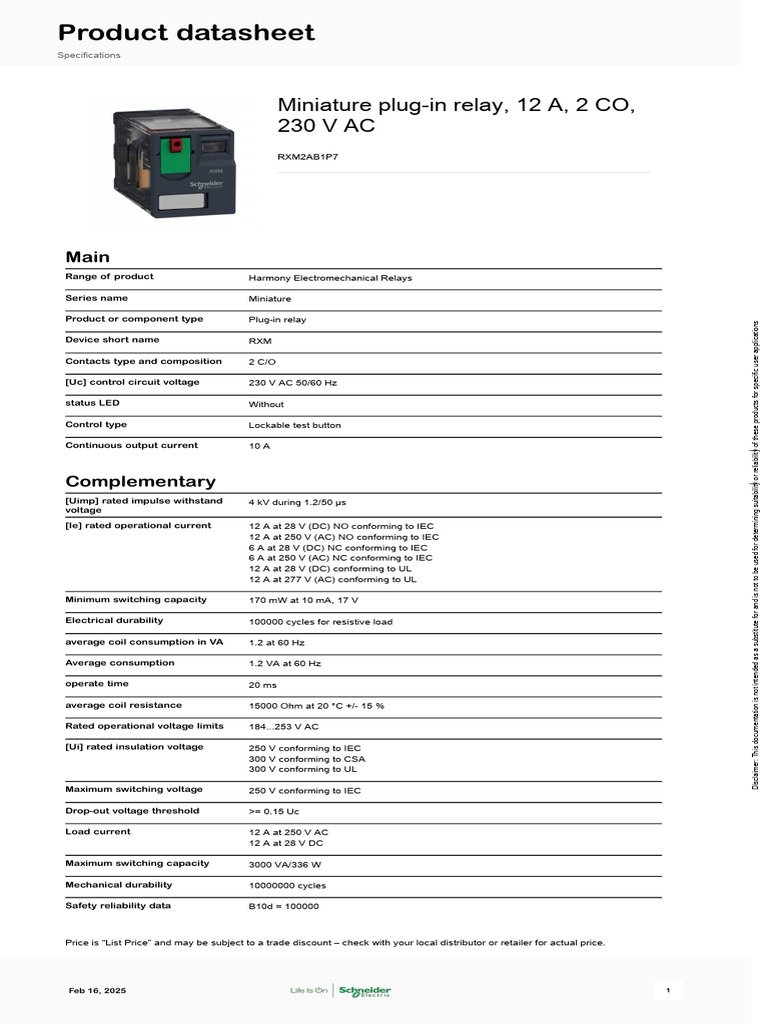 12A Miniature Plug-in Relay RXM2AB1P7 | PDF | Relay | Alternating Current