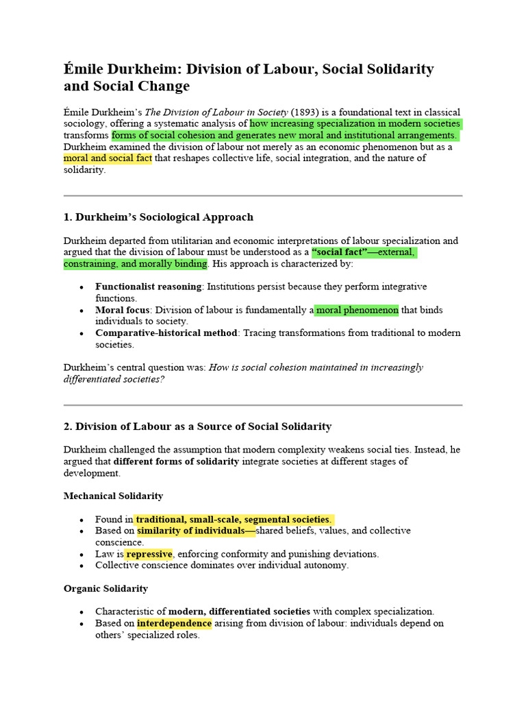 Durkheim's Division of Labour and Solidarity | PDF | Émile Durkheim ...