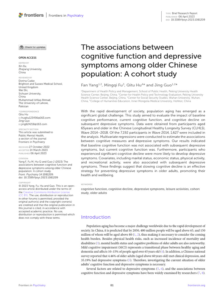 Cognitive Function and Depression in Seniors | PDF | Survey Methodology ...