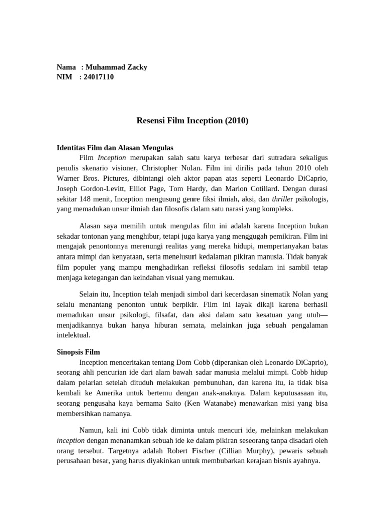 Resensi Film Inception Muhammad Zacky | PDF