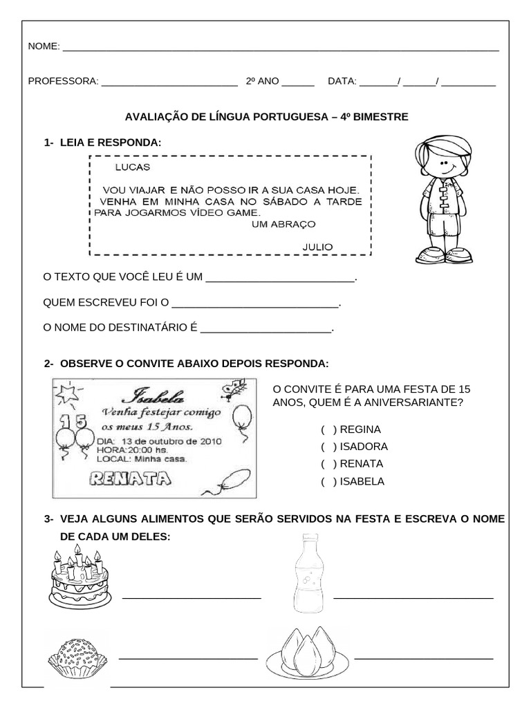 Avaliação de Língua Portuguesa 2º Ano | PDF