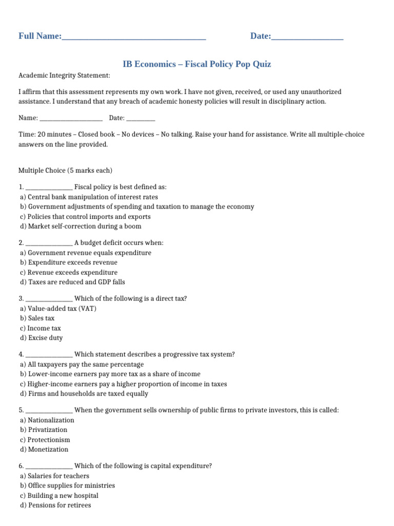 IB Economics FiscalPolicy Quiz Student Pop Quiz Oct 27 | PDF ...