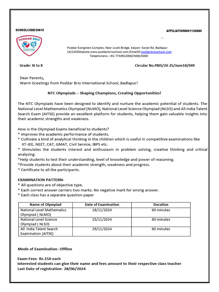 049 - Circular Regarding NTC Olympiad | PDF | Cognition