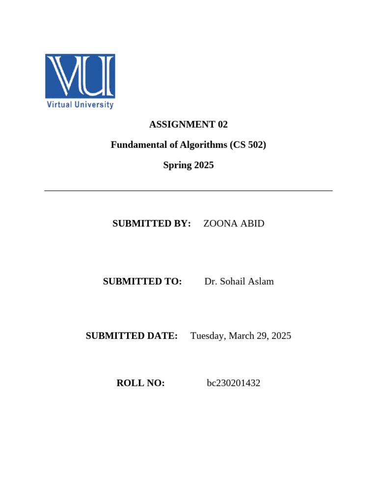 Assignment 01 Cs (502) Zoonaabid Bc230201432 | PDF | Theoretical ...