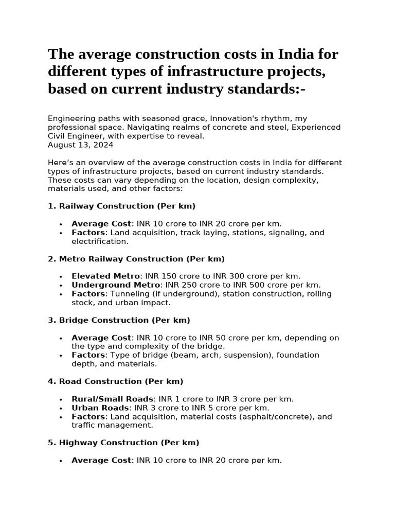 Infrastructure Construction Costs in India | PDF | Road | Rapid Transit