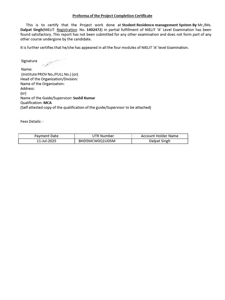 Dalpat Project Completion Form | PDF