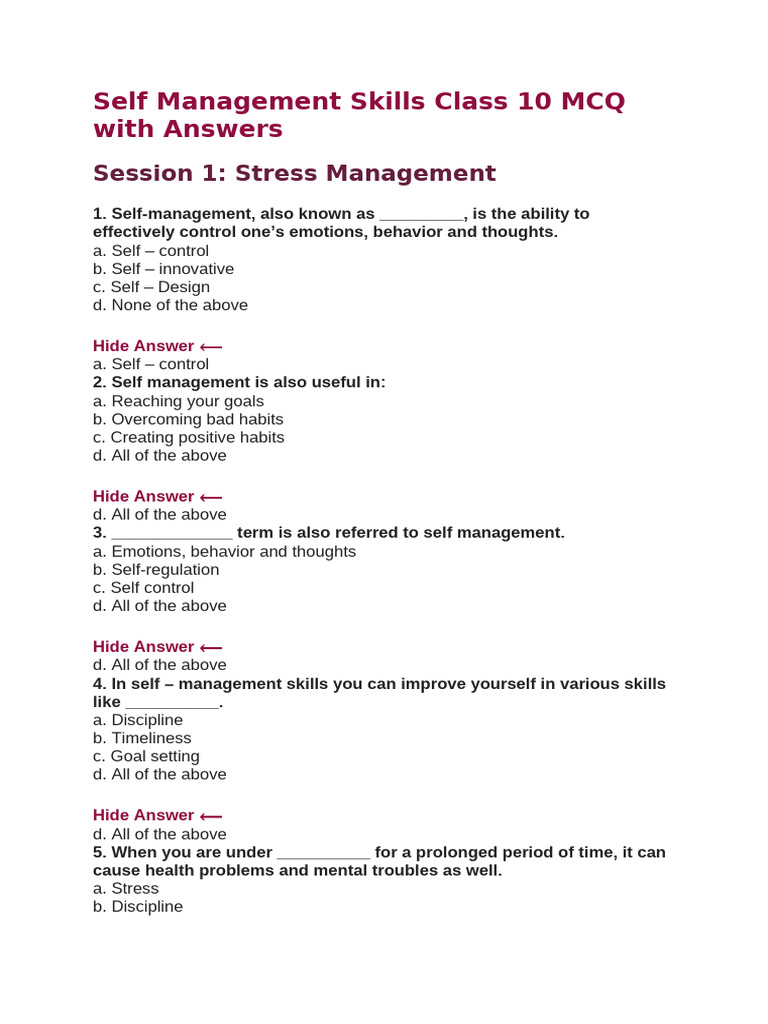 Class 10 Self Management Skills MCQs | PDF | Stress Management ...
