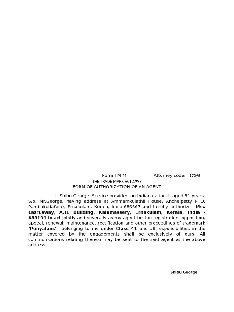 Trademark Agent Authorization Form | PDF