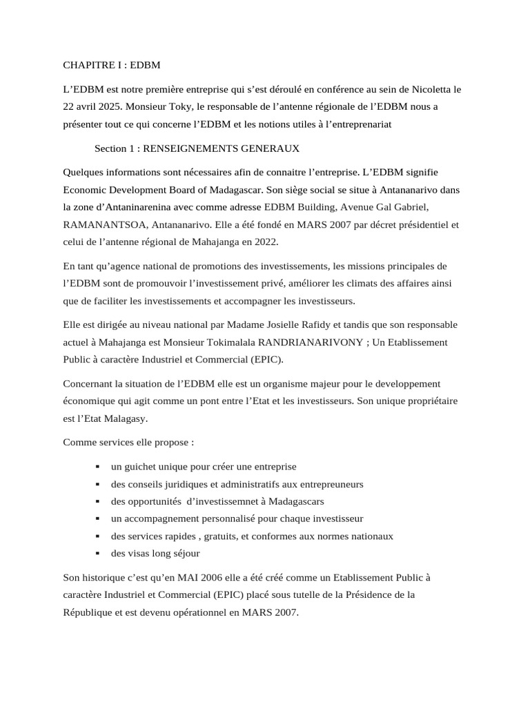 Rôle et services de l'EDBM à Madagascar | PDF | Business | Investisseurs