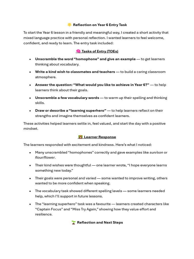 Year 6 Entry Task Reflection Activities | PDF | Vocabulary | Learning