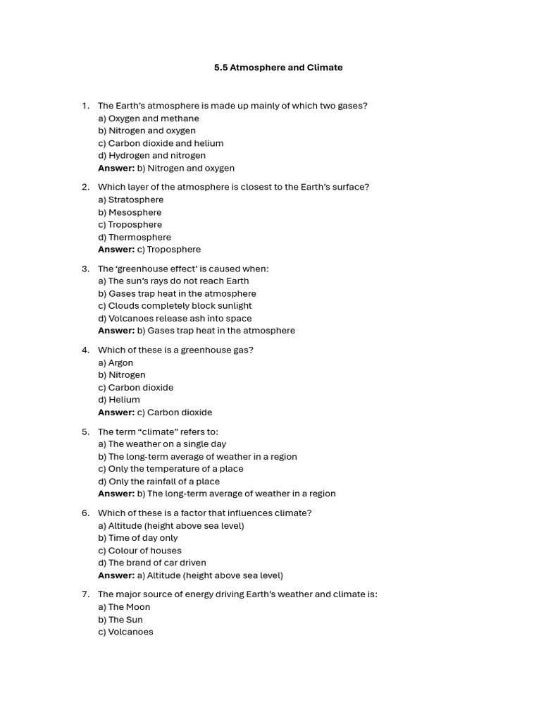 Atmosphere and Climate ANS - MCQS | PDF | Atmosphere Of Earth | Atmosphere