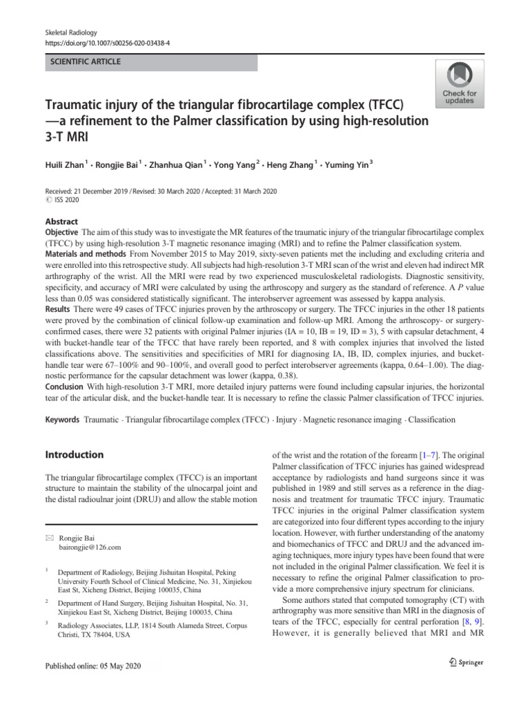 Traumatic Injury of The Triangular Fibrocartilage Complex (TFCC) A ...