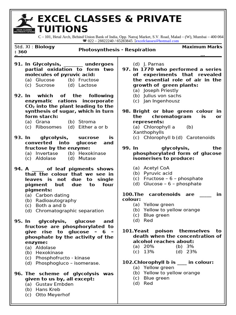 Photosynthesis and Respiration Quiz | PDF | Cellular Respiration ...