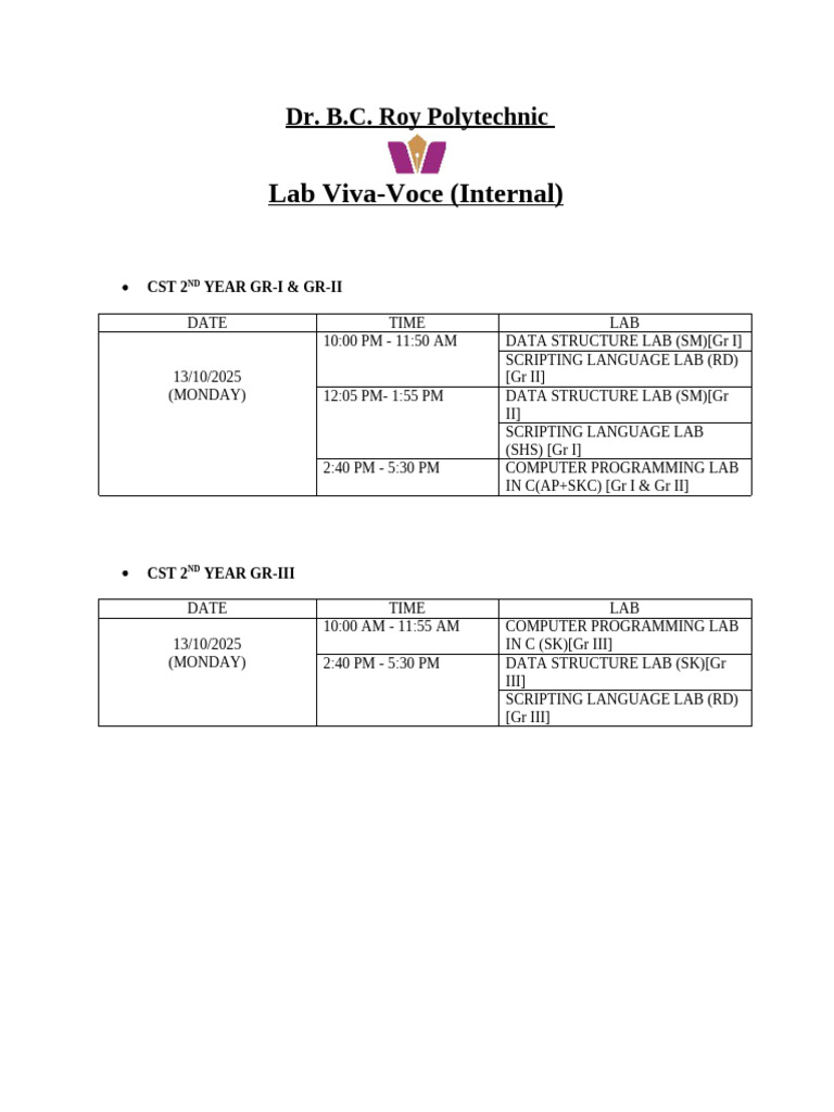 CST 2nd Year Lab Schedule 2025 | PDF