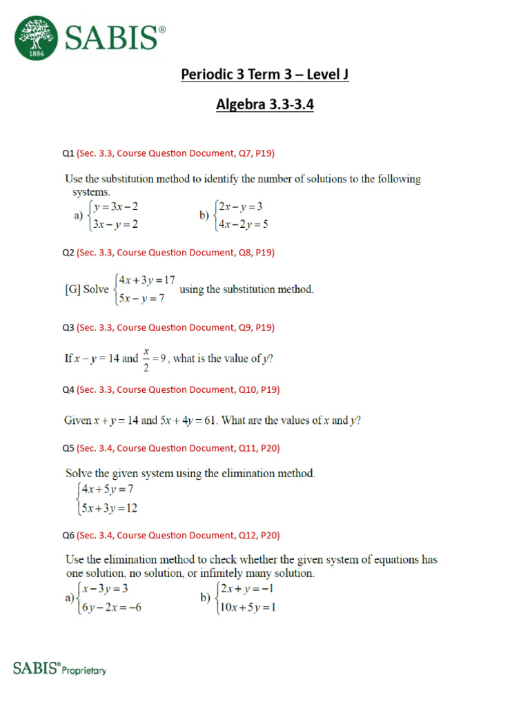 Level J Algebra Questions Term 3 | PDF