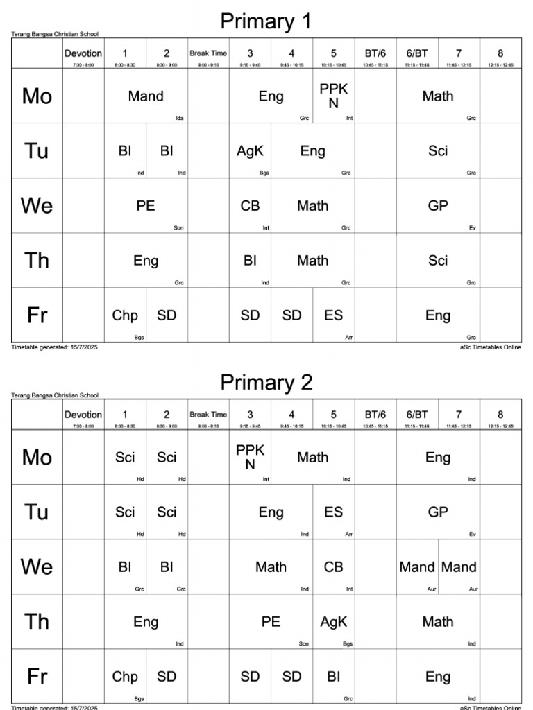 Pri Timetable Class 25 - 26 Ver 1.0 | PDF