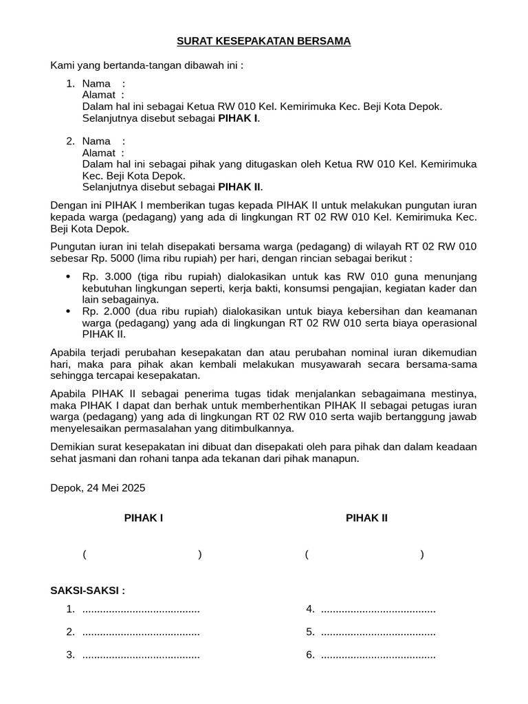 Kesepakatan Iuran Warga RT 02 RW 010 | PDF