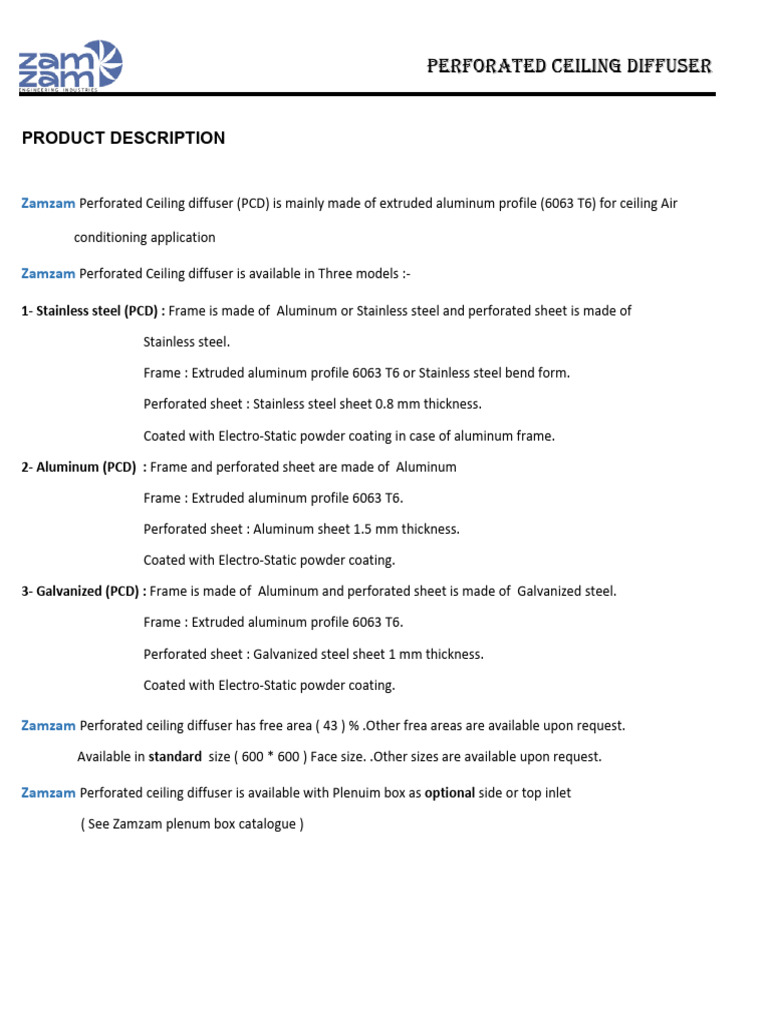 Perforated Ceiling Diffuser Specifications | PDF | Materials | Metalworking