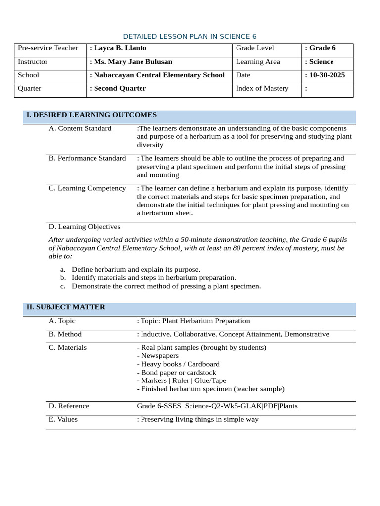 Grade 6 Herbarium Lesson Plan | PDF | Learning | Teachers